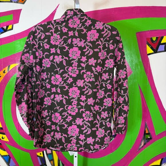 Cowboy Gang, Western Pink and Brown Hawaiian Floral Pearl Snap Shirt. Size XS. - Picture 6 of 6